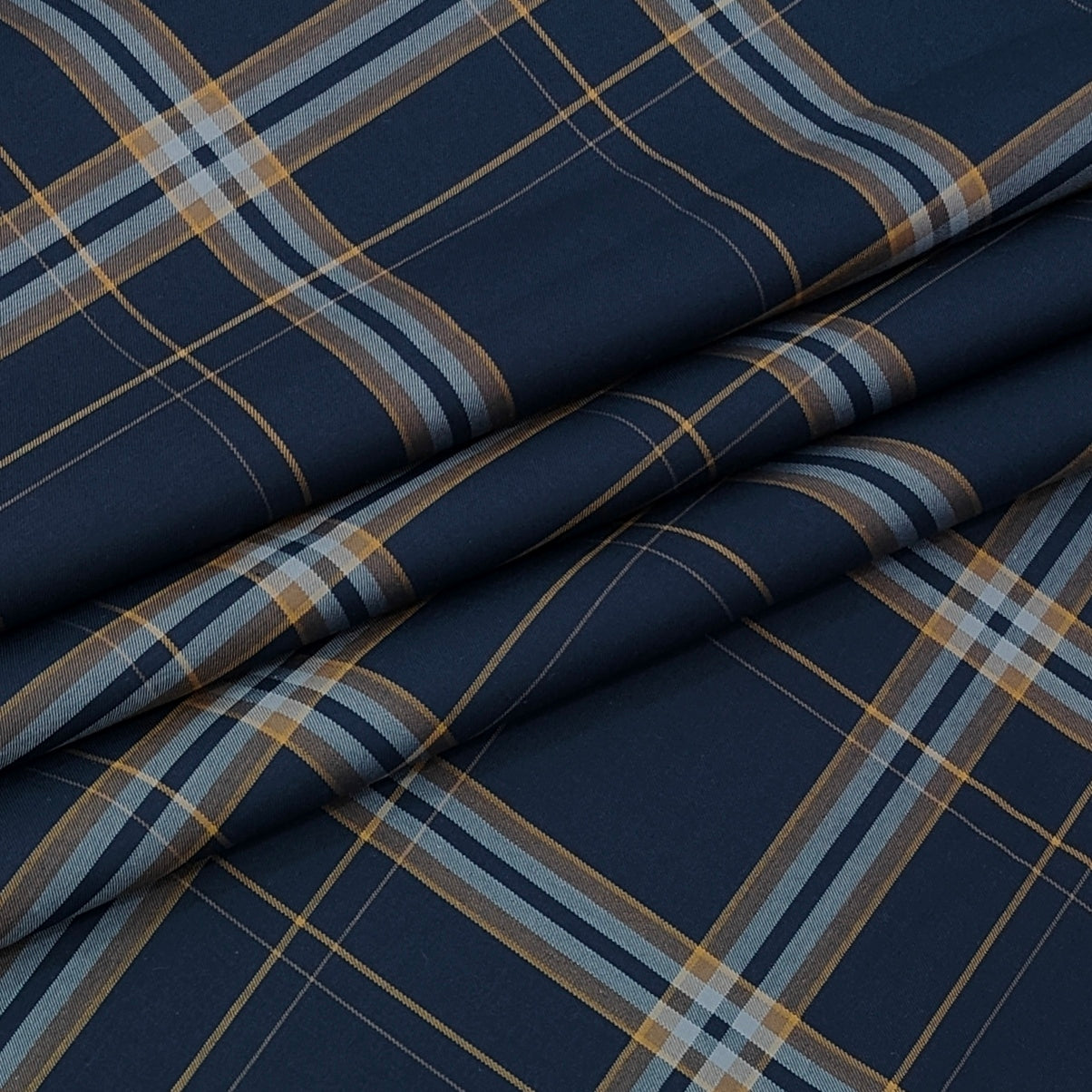 Shirt Fabric Donear LA Finish Premium Giza Cotton Tartan Check Colour Space Blue N Gold Brown